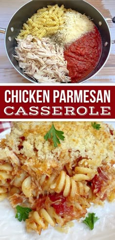 chicken parmesan casserole in a skillet with the words chicken parmesan casserole above it