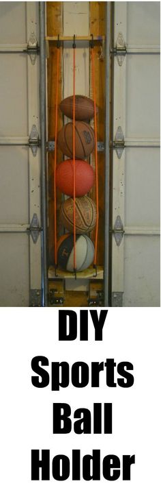 an advertisement for sports balls in a storage rack with the words diy sportss ball holder