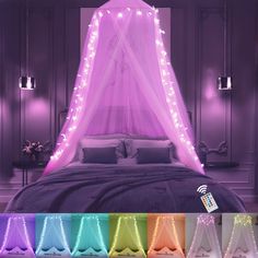 PRICES MAY VARY. 【2021 Brand New Color Changing Design】This princess bed Canopy is an updated design in 2021. There are 100 LED star lights with 16 single solid colors and 8 solid two-color options and 7 dynamic multicolor modes. Pink for princess, blue for Brave knight, purple for queen, multi-color for Christmas party decor etc. 【Gift For Girls】This gift packaging starry bed canopy will surprise your girls and boys. There are 100 shining stars accompany you to sleep, which illuminates the bedr Light Pink Led Bedroom, Canopy Bed With Led Strip Lights, White Bed Canopy, Pink Bed Canopy, Bed Canopy With Lights, Led Star Lights, Princess Canopy Bed, Princess Canopy, Bedroom Decor For Women