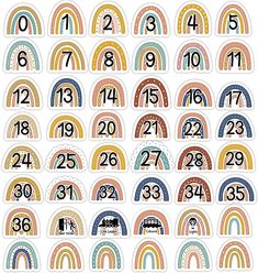 an image of numbers with rainbows and cars on them, all in different colors