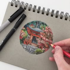 a person is holding a pencil in front of a drawing