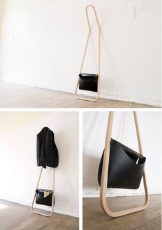 four different angles of a hanging chair and coat rack in various stages of installation, including the hanger