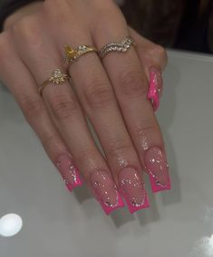 Birthday Hot Pink Nails, Bingo Nail Art, Nail Inspo Hot Pink French Tip, Hot Pink French Tip Nails With Rhinestones, Hot Pink And Silver Nail Designs, Hot Pink Nails Simple, Hot Pink Sweet 16 Nails, Pick Nails Design, Nails Inspo 2024 Short