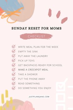 the sunday rest for moms checklist is shown in pink, yellow and blue