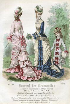 1870s A girl in a simple dress decorated with bows from the August 1876 edition of Journal des Demoiselles. Victorian Fancy Dress, Fancy Dress Ball, Popular Costumes