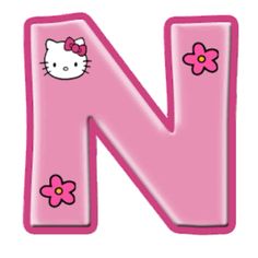 the letter n is decorated with pink flowers and a hello kitty on it's side