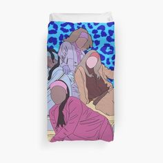 three women in pink and blue duvet cover