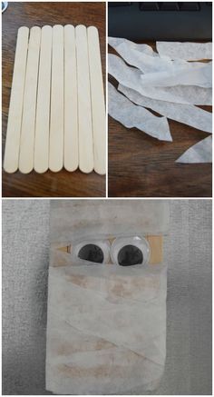 several different pictures showing how to make toothpicks out of toilet paper and wood