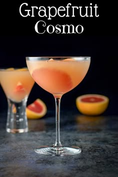 the grapefruit cosmo cocktail is garnished with an orange slice