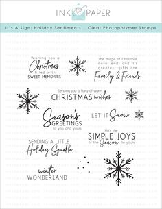 stamp set with snowflakes and sayings for holiday cards, including the words