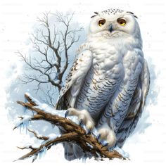 an owl sitting on top of a tree branch in the snow, with yellow eyes