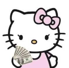 a hello kitty holding money and wearing a pink dress