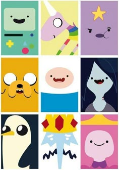 some cartoon characters are grouped together to form a collage with different colors and shapes