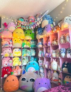 a room filled with lots of different colored stuffed animals on shelves next to each other