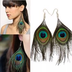 Women’s Large Peacock Feather Earrings Party Earrings In Peacock Color, Feather Earrings For Summer, Peacock Accessories, Feather Diy, Peacock Feather Earrings, Large Silver Hoop Earrings, Peacock Earrings, Dangle Earrings Boho, Natural Women