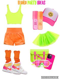 various items that include neon colored clothing and accessories