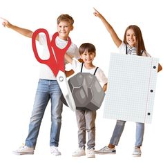 three children holding scissors and paper cutouts