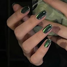 Nails Music Festival, Emerald Green Nail Art Designs, Oval Nail Extensions, Black Nails Green Glitter, Green Fall Manicure, Dark Green Holographic Nails, Mail Inspo Dark Green, Nails Dark Feminine Energy, Magnetic Green Nails