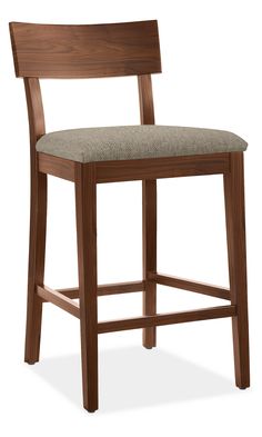 a wooden bar stool with an upholstered seat and backrest, viewed from the front