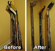 the before and after pictures show how to use skis as storage for your equipment