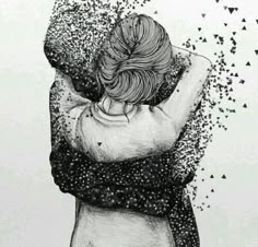 a black and white drawing of a woman hugging her head with stars falling from the sky