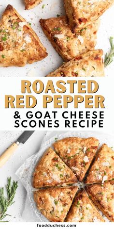 toasted red pepper and goat cheese scones recipe on a white plate with rosemary sprigs