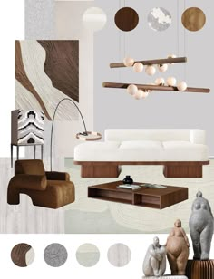 a living room filled with furniture and decor items in shades of brown, white, and grey