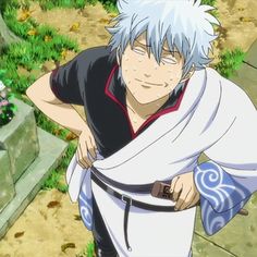 an anime character with white hair and blue eyes is holding his arm over his shoulder