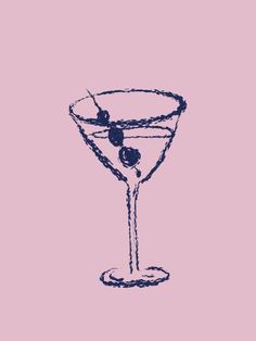 a drawing of a martini glass with olives in it on a light pink background