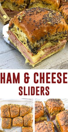 ham and cheese sliders are stacked on top of each other with different toppings