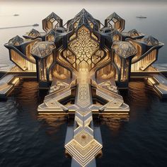 a futuristic floating structure in the middle of water with an intricate design on it's side