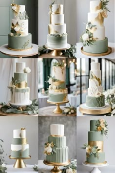 many different types of wedding cakes with gold and green decorations on them, including roses