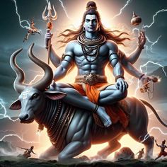 the god sitting on top of a bull with lightning in the sky behind him and other people around it