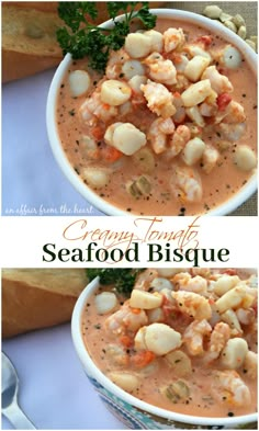 two bowls of seafood bisque with bread in the background and text overlay that reads, creamy tomato seafod bisque