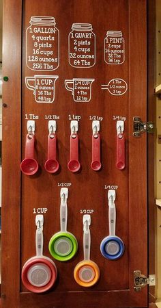 a wooden cabinet with magnets and measuring cups on the door knobs are labeled in red, blue, green, yellow, and orange