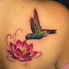 a hummingbird flying over a pink flower on the back of a woman's shoulder