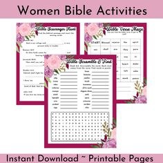 three printables for women's bible activities with flowers on them and the words,