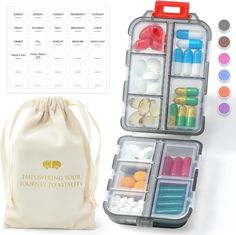 the contents of an organized travel kit are shown