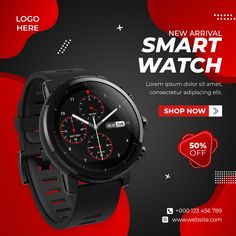 the smart watch is on display with red and black background