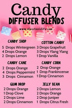 Candy inspired essential oil diffuser blends. Cotton Candy Oil Blend, Homemade Candles With Essential Oils How To Make, Candy Cane Oil Blend, Defuser Blends Diffuser Recipes, Candy Essential Oil Blends, Cotton Candy Essential Oil Blend, Candle Oil Blends, Essential Oil Combinations For Candles