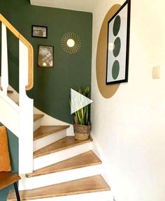 there is a potted plant sitting on the stair case next to the stairs in this house