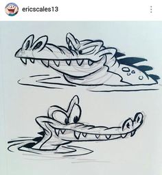 two drawings of alligators swimming in water