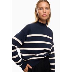 Blue stripe knit (75% Organic Cotton, 15% Nylon, 10% Cashmere). Mock neck. Long sleeves. Pull-on style. 21" from shoulder to hemline. Imported. Nautical Sweater, Rent The Runway, Club Monaco, Striped Knit, Blue Print, Blue Stripes, Monaco, Mock Neck, Nautical