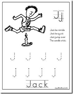 a letter j worksheet with an image of a boy jumping over a candle