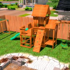 a children's wooden play set in the yard