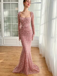 Dresses With Extension, Luxury Long Pink Dress, Formal Dresses Sleeves Long, Mermaid Evening Dress, Mermaid Cut Gown, Sparkly Mermaid Dress Prom, Crystal Drop Dress, Pink Sequin Gown, Pink Evening Dress Classy