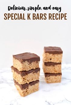 three pieces of cake are stacked on top of each other with the words delicious simple and easy special k bars recipe