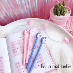 three pink and blue pens sitting on top of an open book next to a cactus