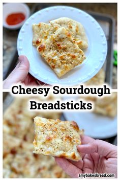 cheesy sourdough breadsticks on a white plate