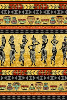 an image of african women in traditional dress on a yellow and red striped pattern background